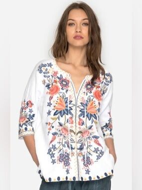 Johnny Was Linen Tiwa Embroidered White Floral Peasant Top PXL
